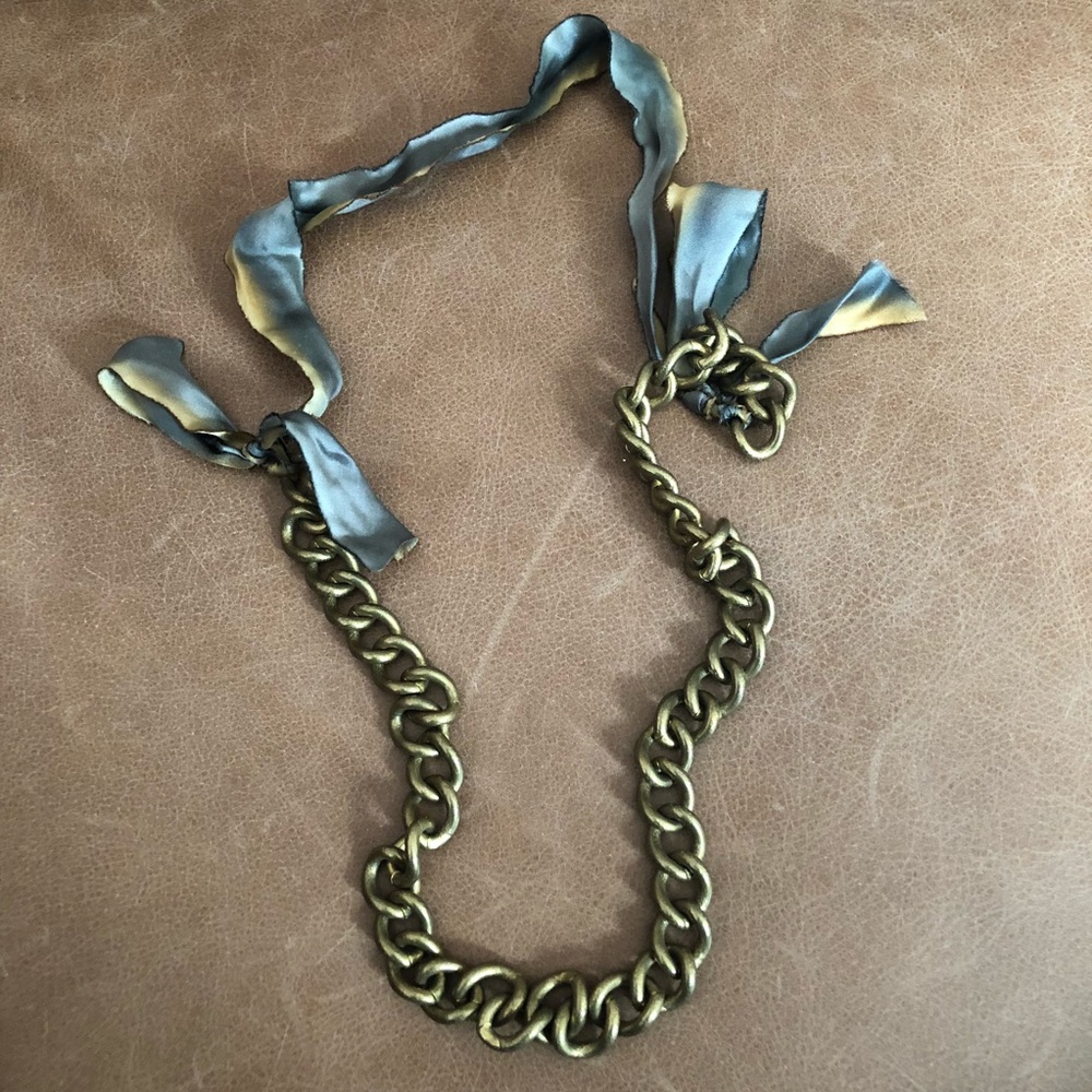 Brass chain w hand dyed silk ribbon necklace - Picture 1 of 5
